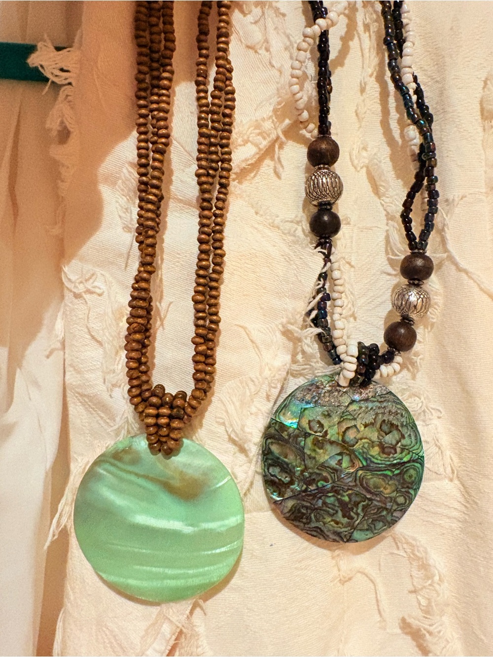 Handmade 2” Green Shell & Abalone Disc Pendant Necklaces Wood & Black Beads